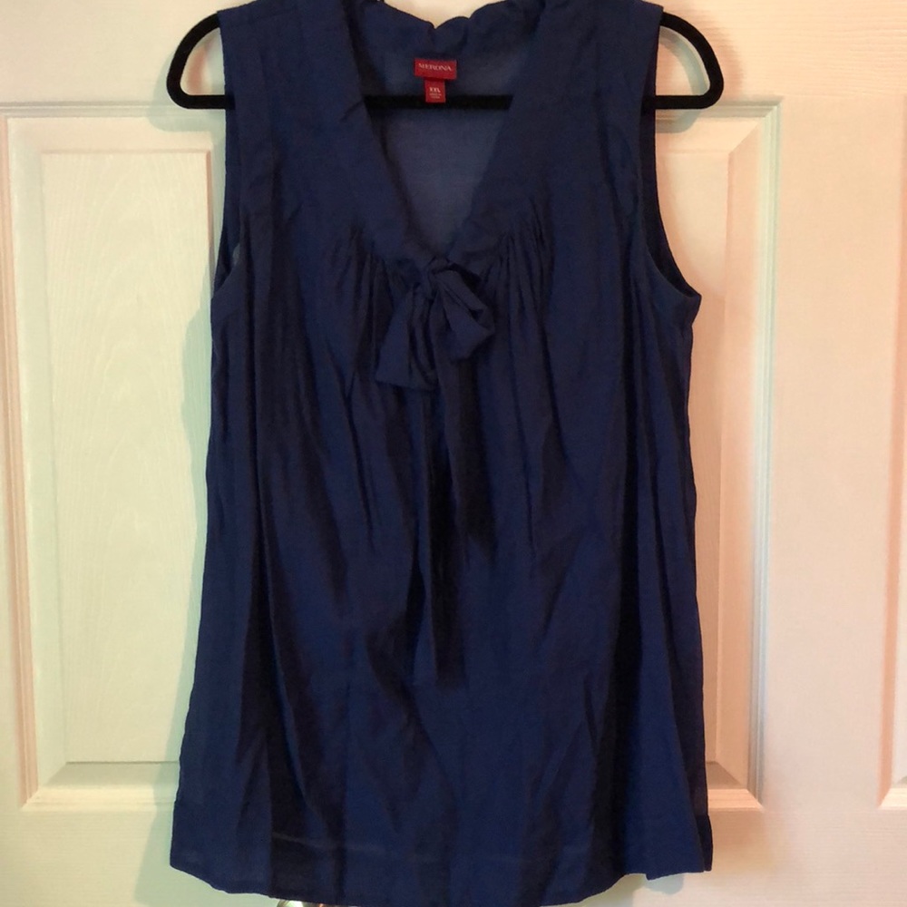 Royal blue, sheer, bow-front detail tank blouse